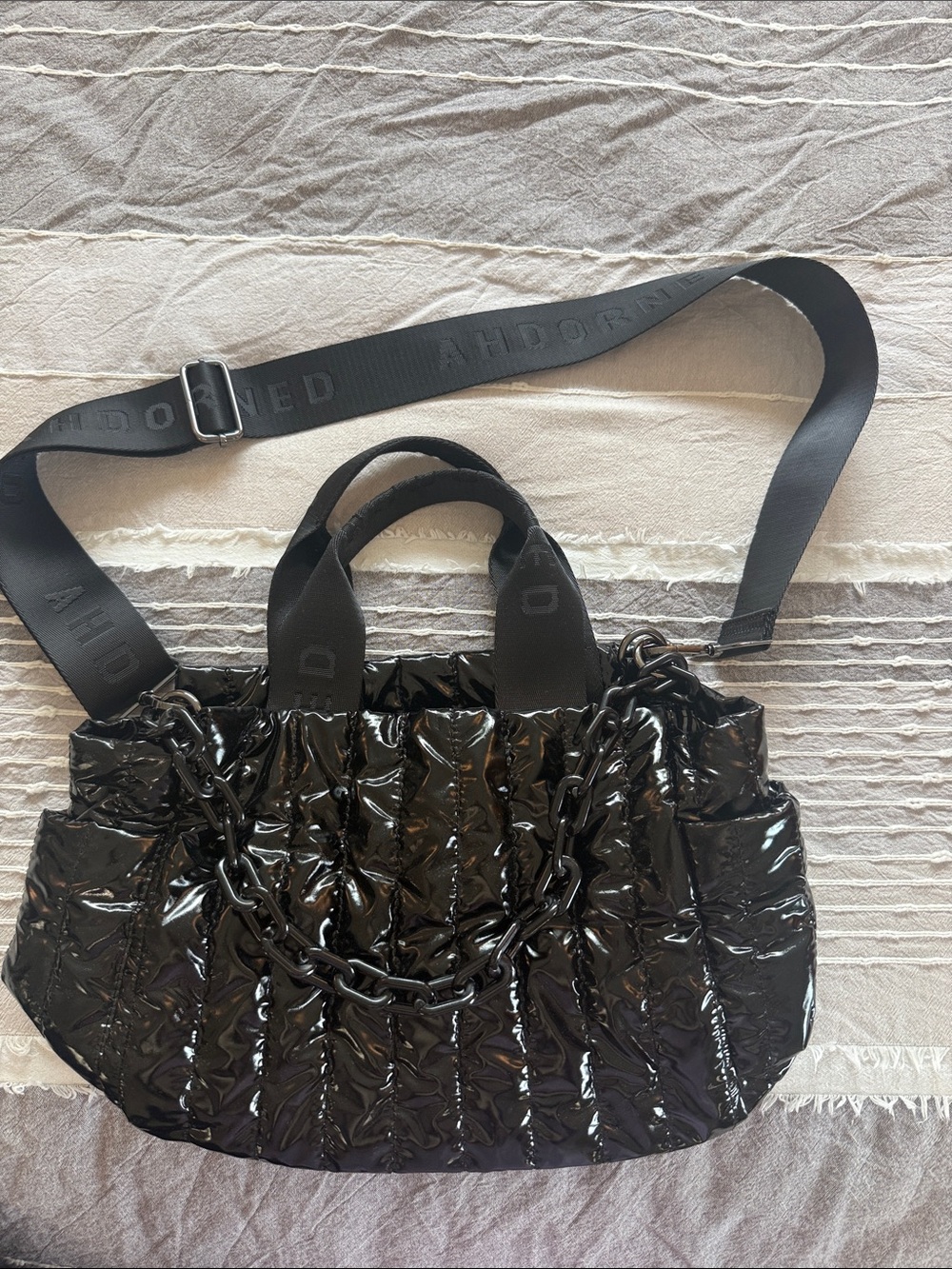 Glossy Quilted Black Tote with Chain and Wide Strap